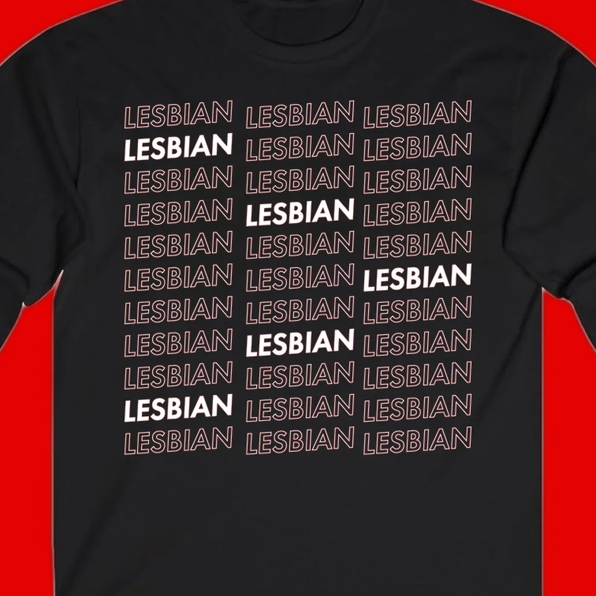 Repeating pattern of the word LESBIAN in bold white and outlined text on gray background for lesbian pride
