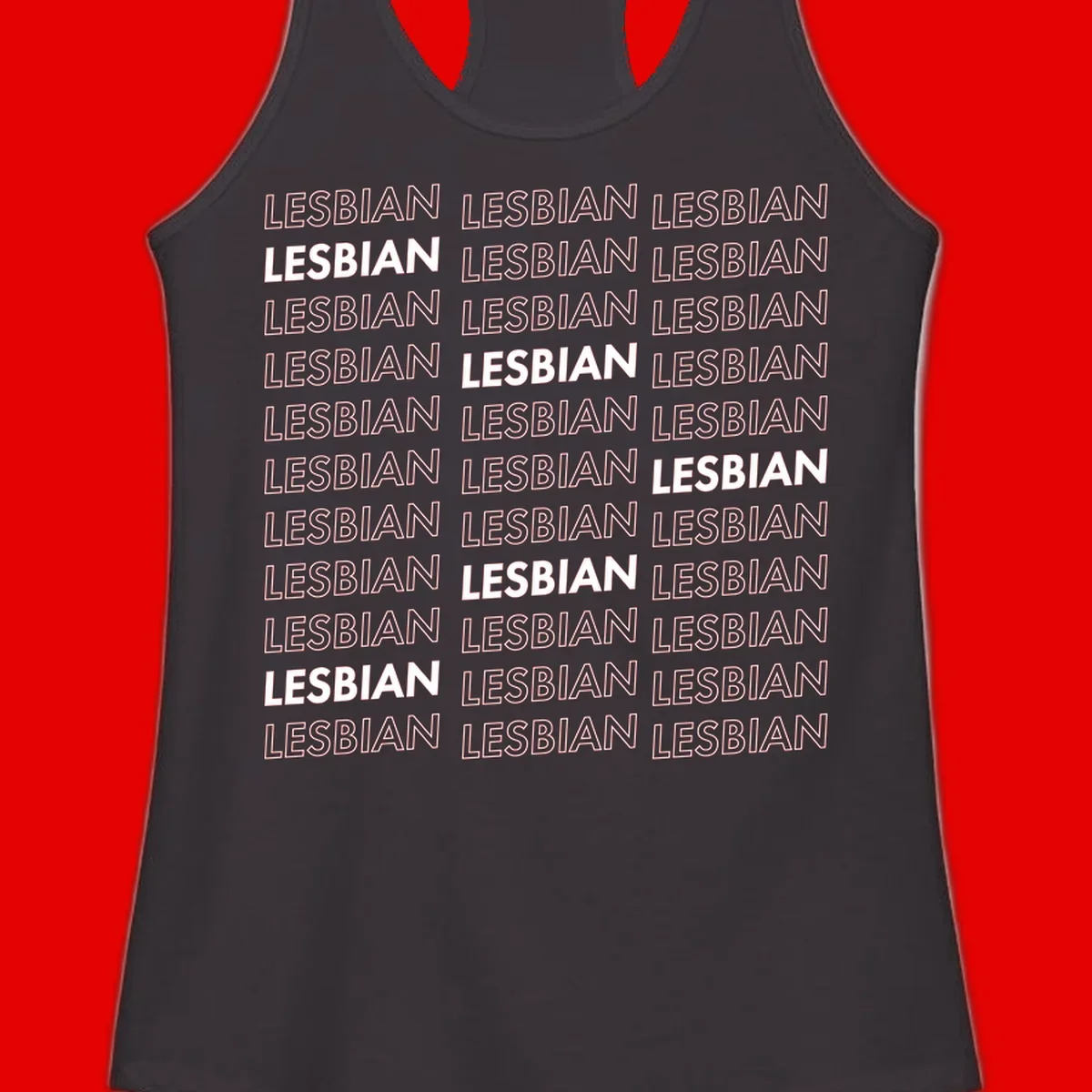 Repeating pattern of the word LESBIAN in bold white and outlined text on gray background for lesbian pride