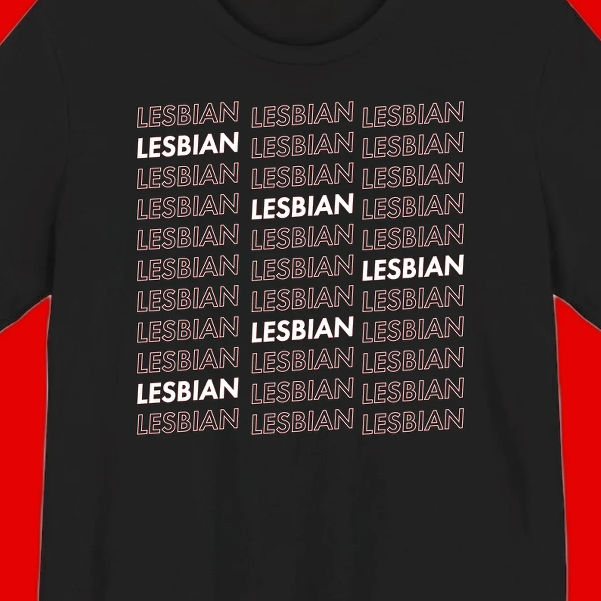 Repeating pattern of the word LESBIAN in bold white and outlined text on gray background for lesbian pride