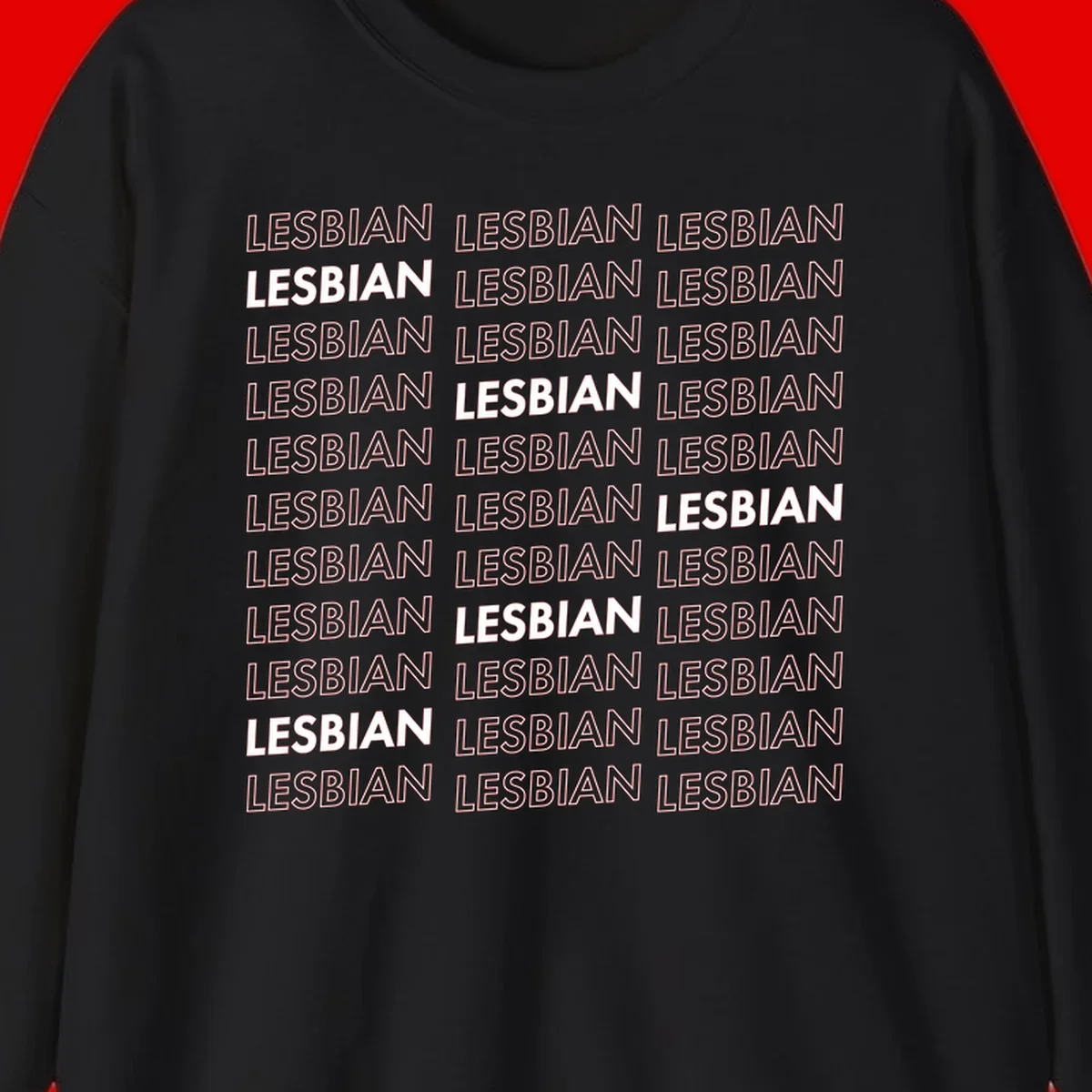 Repeating pattern of the word LESBIAN in bold white and outlined text on gray background for lesbian pride