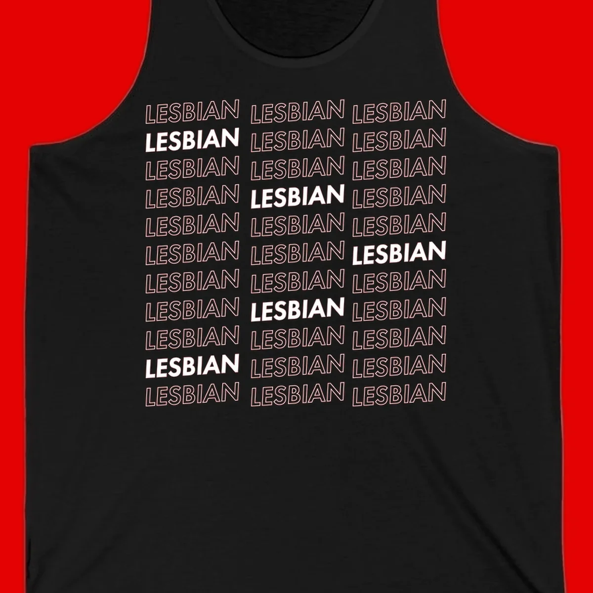 Repeating pattern of the word LESBIAN in bold white and outlined text on gray background for lesbian pride