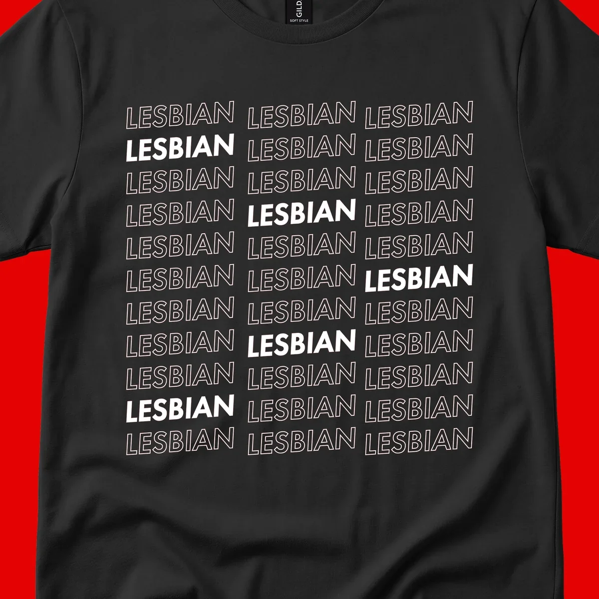 Repeating pattern of the word LESBIAN in bold white and outlined text on gray background for lesbian pride
