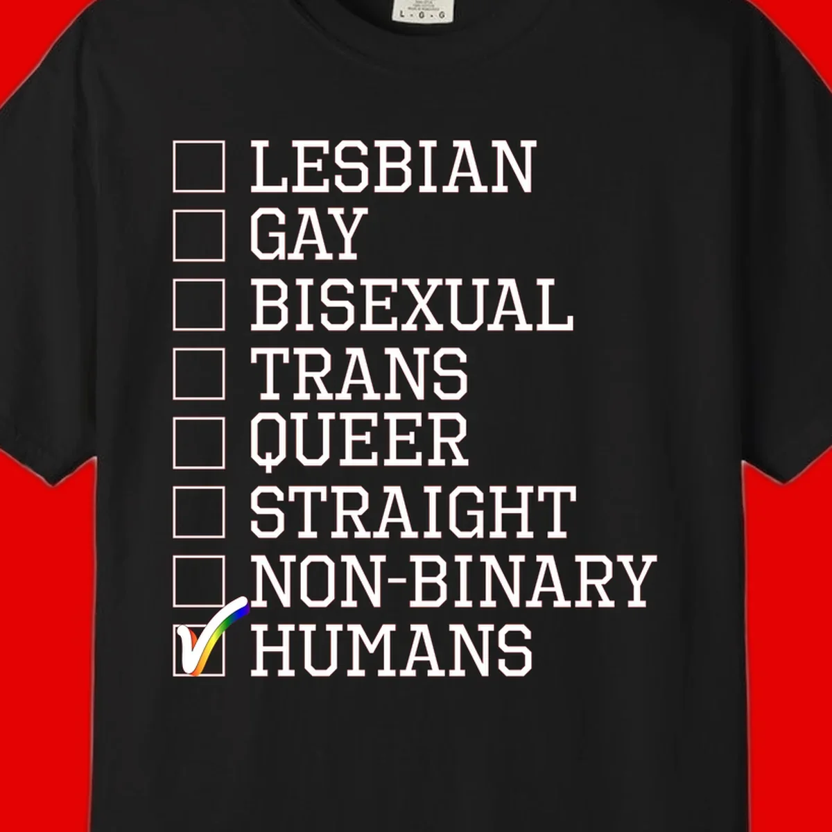 LGBTQ humans checklist design with empty checkboxes next to identity labels and a checked box with rainbow flag next to humans
