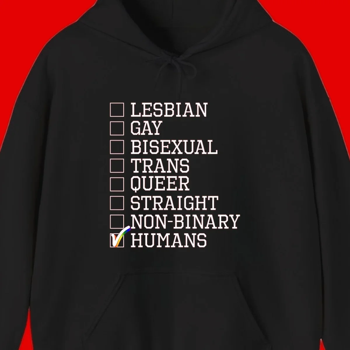 LGBTQ humans checklist design with empty checkboxes next to identity labels and a checked box with rainbow flag next to humans