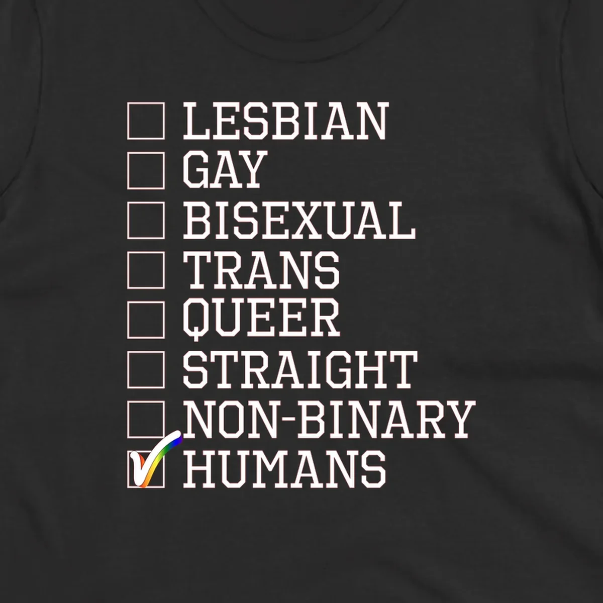 LGBTQ humans checklist design with empty checkboxes next to identity labels and a checked box with rainbow flag next to humans