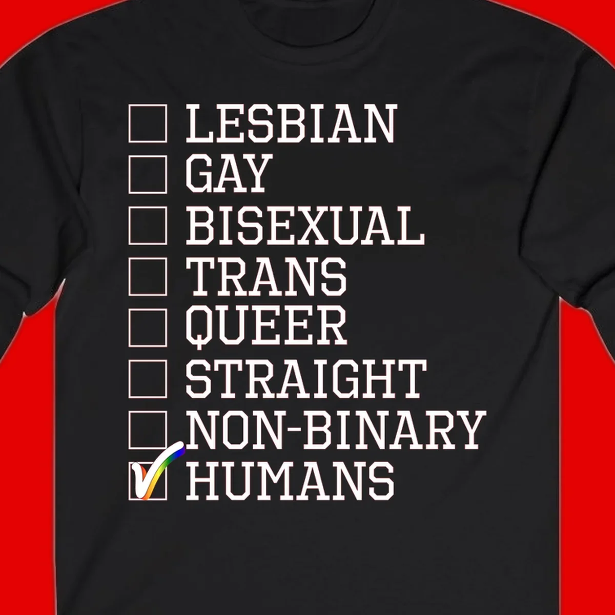 LGBTQ humans checklist design with empty checkboxes next to identity labels and a checked box with rainbow flag next to humans