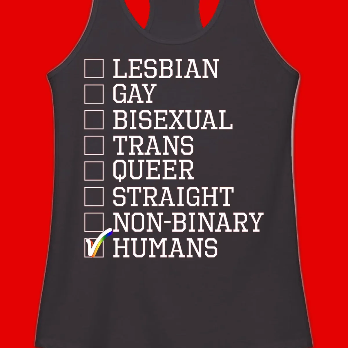 LGBTQ humans checklist design with empty checkboxes next to identity labels and a checked box with rainbow flag next to humans