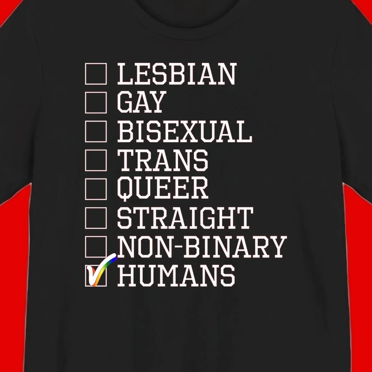 LGBTQ humans checklist design with empty checkboxes next to identity labels and a checked box with rainbow flag next to humans