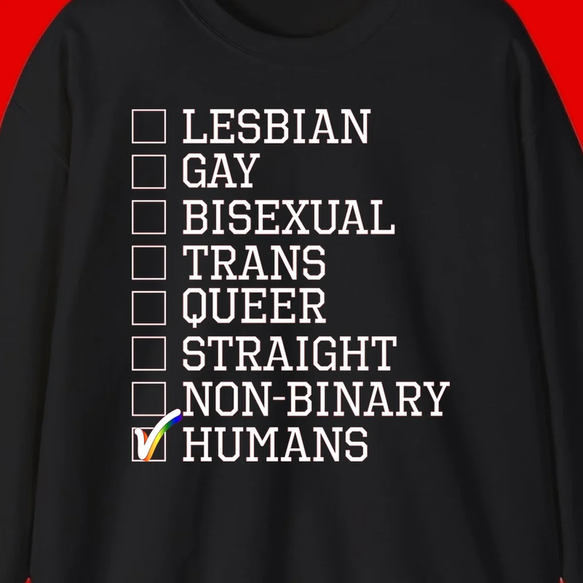 LGBTQ humans checklist design with empty checkboxes next to identity labels and a checked box with rainbow flag next to humans
