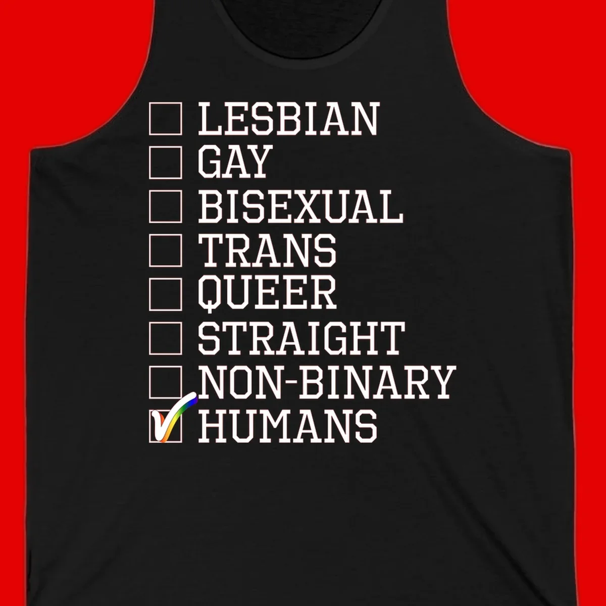 LGBTQ humans checklist design with empty checkboxes next to identity labels and a checked box with rainbow flag next to humans