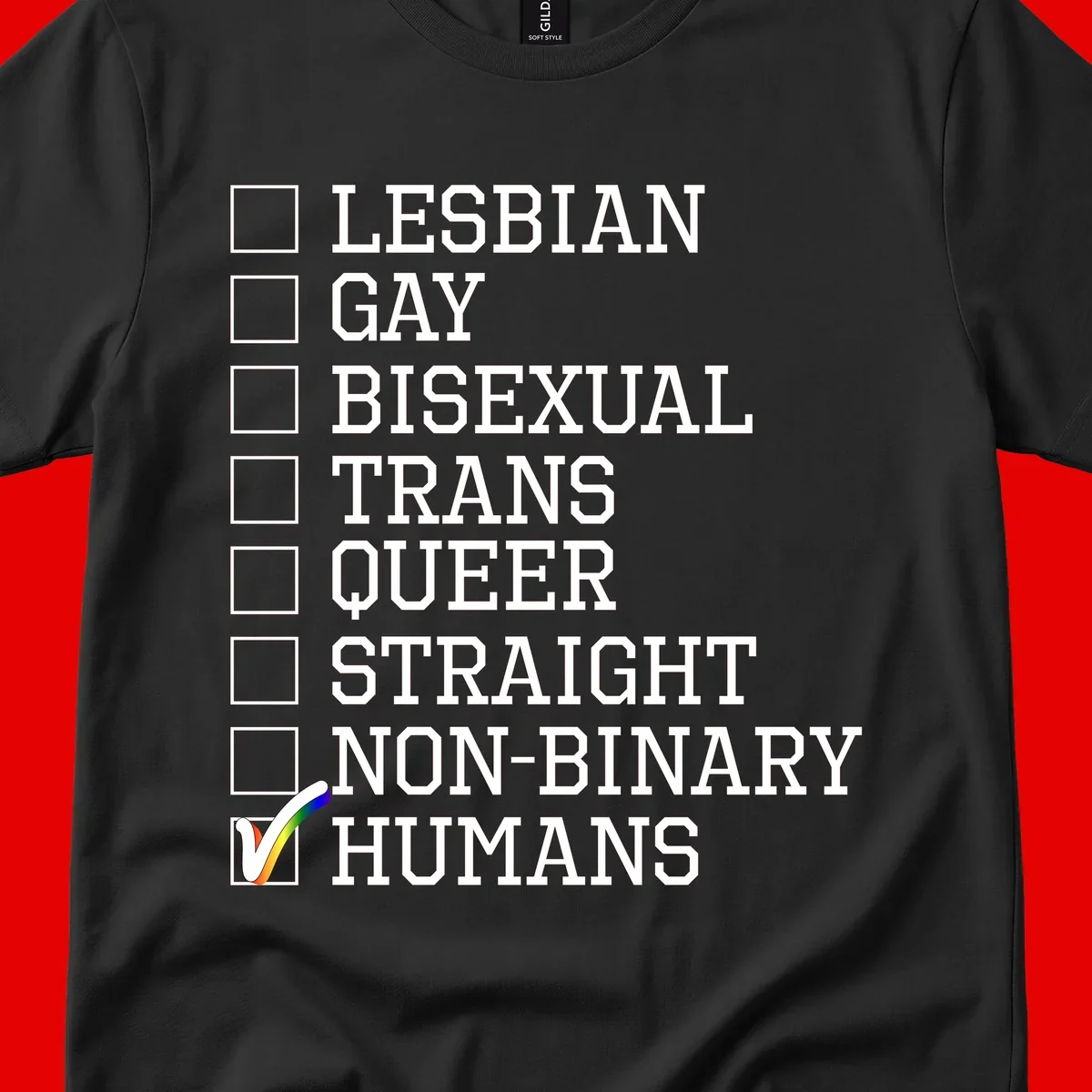 LGBTQ humans checklist design with empty checkboxes next to identity labels and a checked box with rainbow flag next to humans