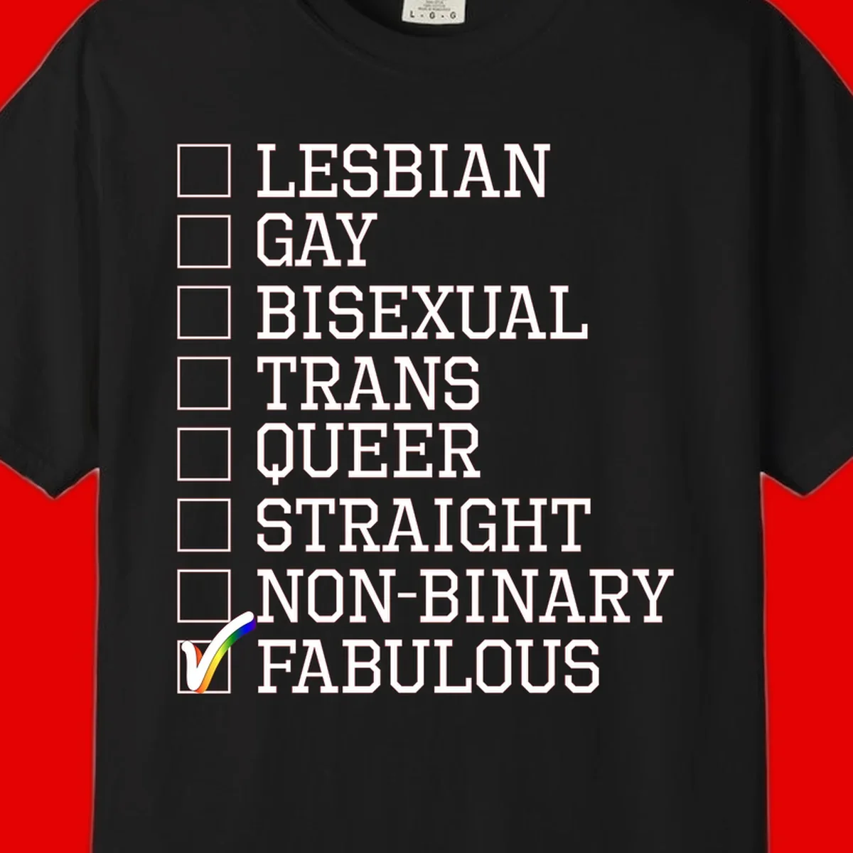 Pride identity checklist design with boxes for lesbian, gay, bisexual, trans, queer, straight, non-binary, with fabulous checked off in rainbow colors