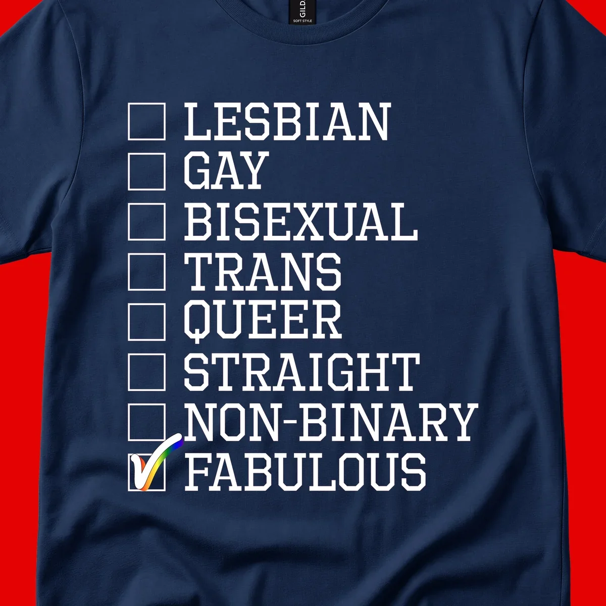 Pride identity checklist design with boxes for lesbian, gay, bisexual, trans, queer, straight, non-binary, with fabulous checked off in rainbow colors