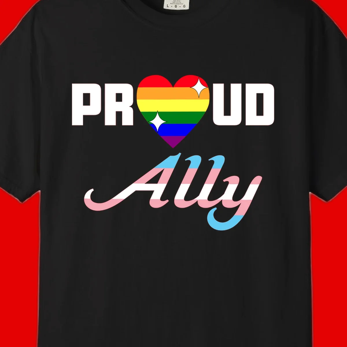 Proud ally pride design with rainbow heart and trans flag script text on gray background