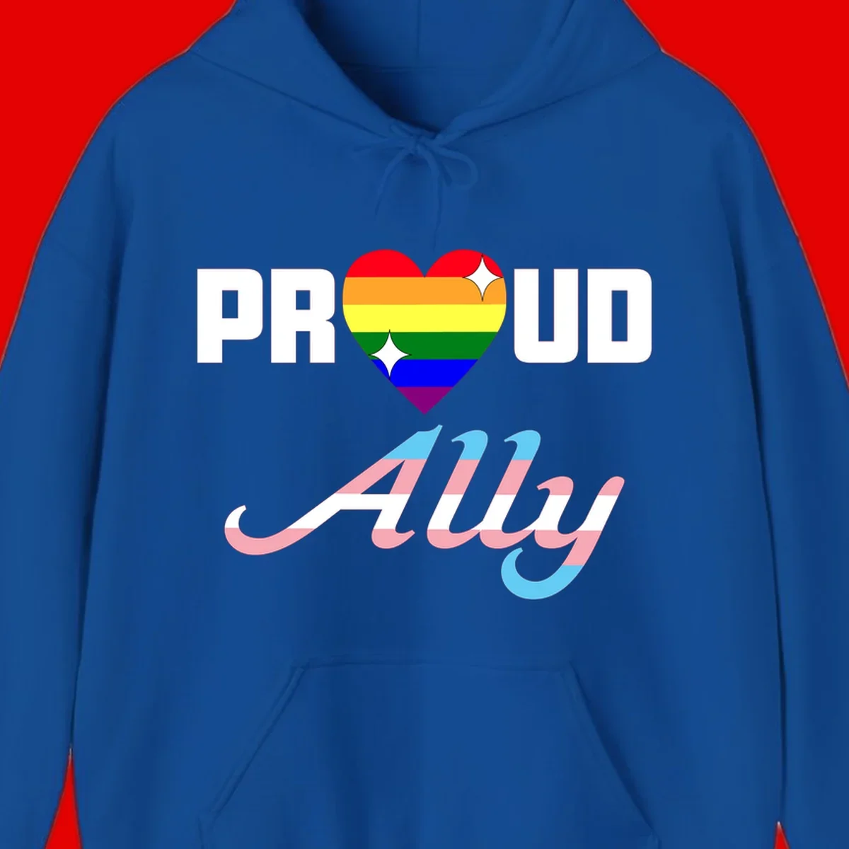 Proud ally pride design with rainbow heart and trans flag script text on gray background