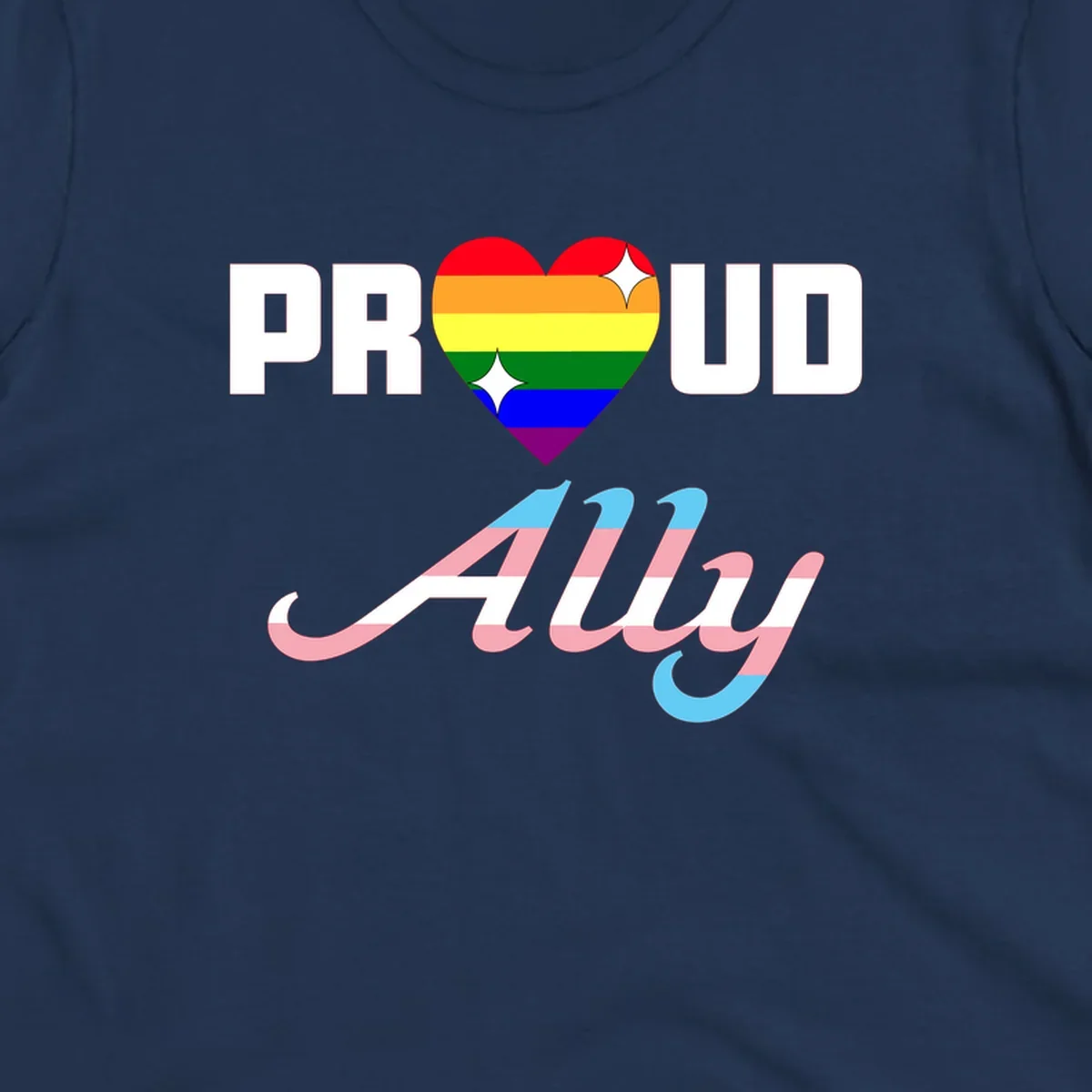 Proud ally pride design with rainbow heart and trans flag script text on gray background