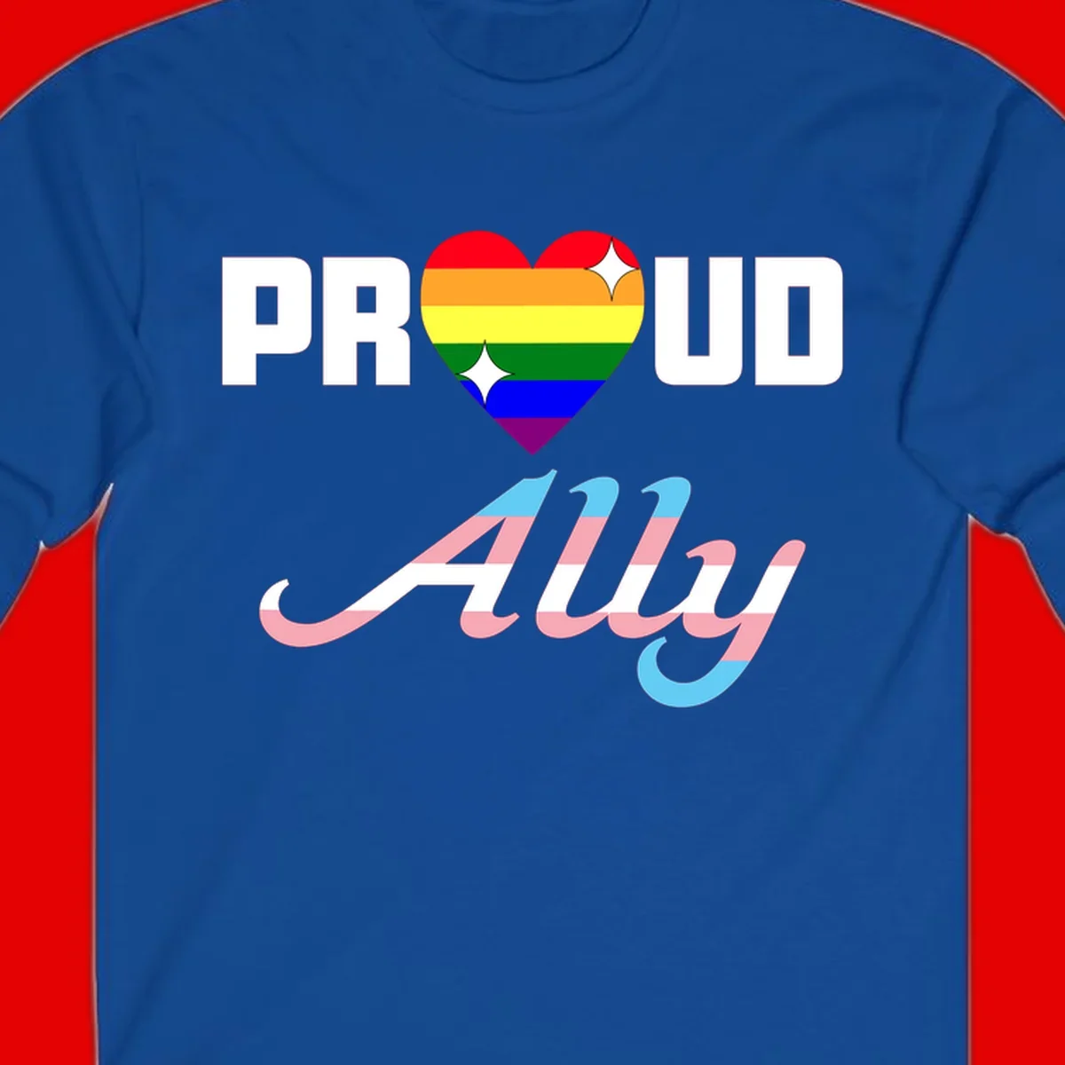 Proud ally pride design with rainbow heart and trans flag script text on gray background