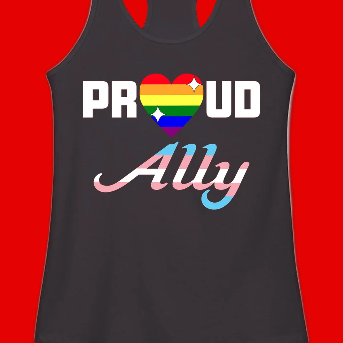 Proud ally pride design with rainbow heart and trans flag script text on gray background