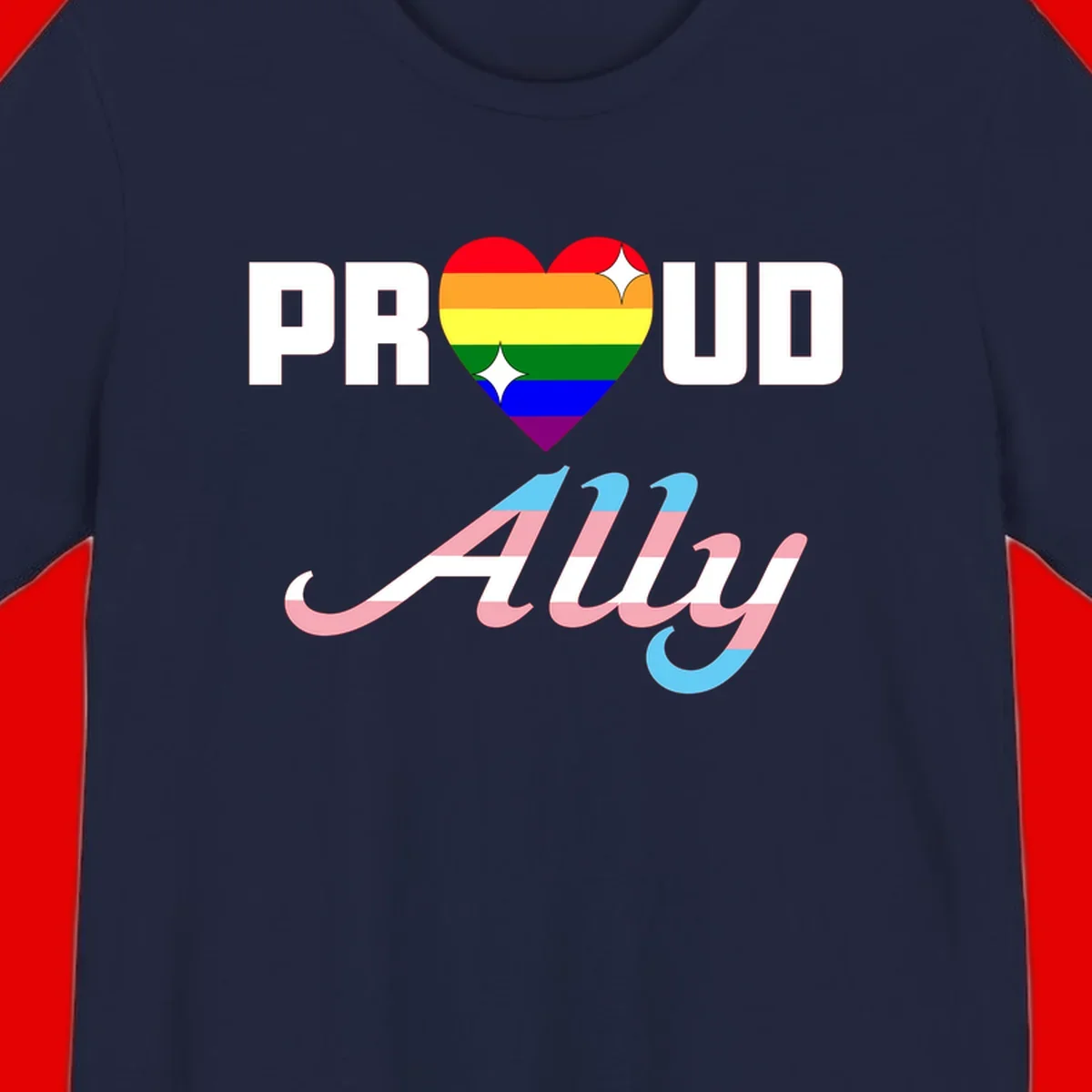 Proud ally pride design with rainbow heart and trans flag script text on gray background