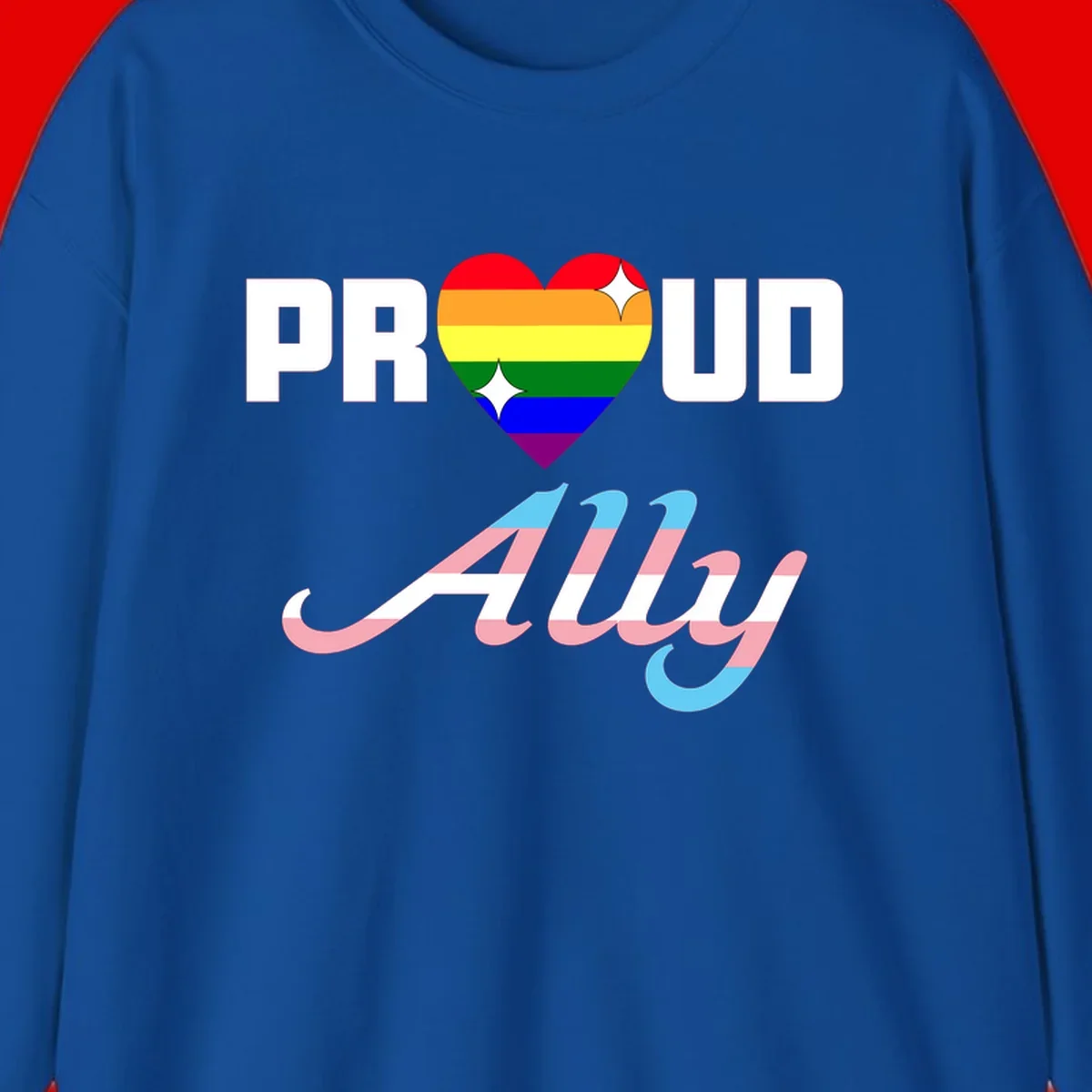 Proud ally pride design with rainbow heart and trans flag script text on gray background