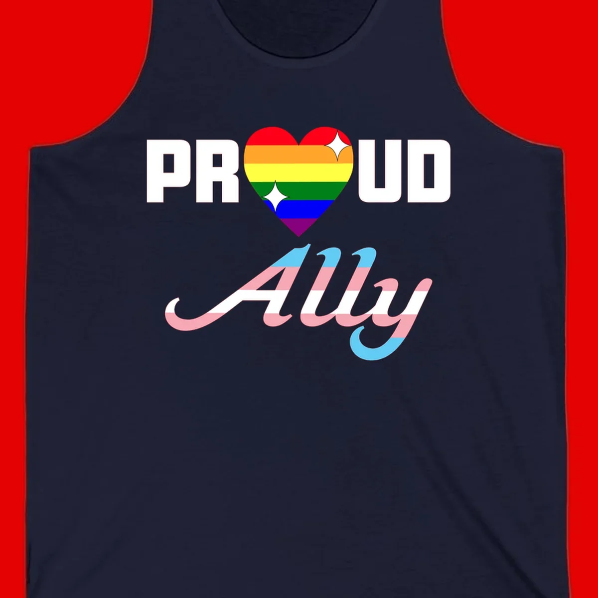 Proud ally pride design with rainbow heart and trans flag script text on gray background