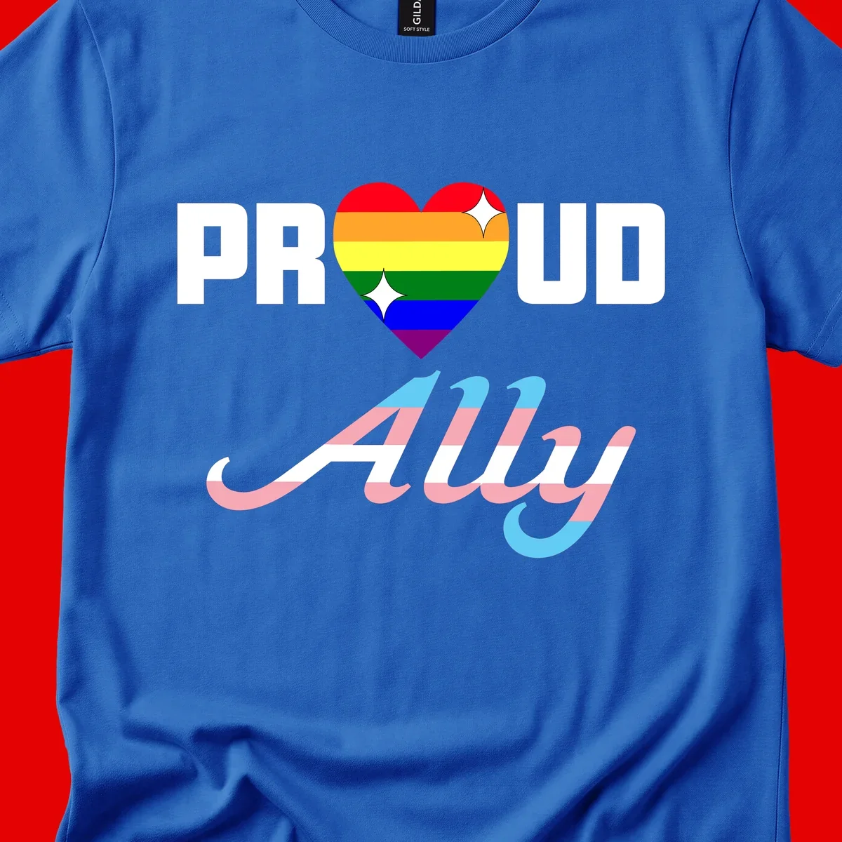 Proud ally pride design with rainbow heart and trans flag script text on gray background