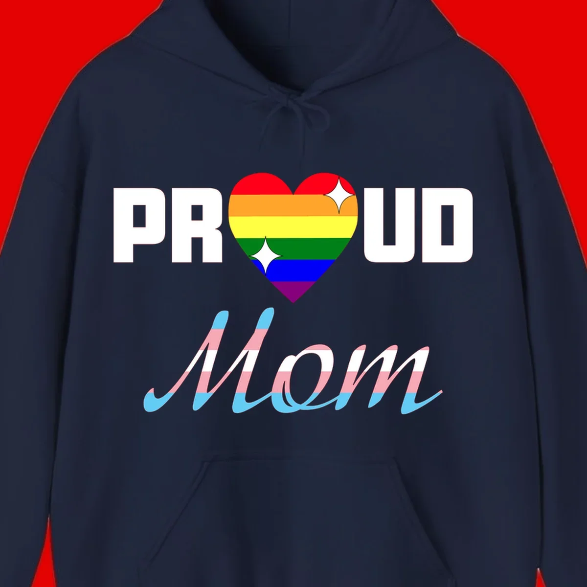 Proud all in pride design with rainbow heart and trans flag striped script text on gray background
