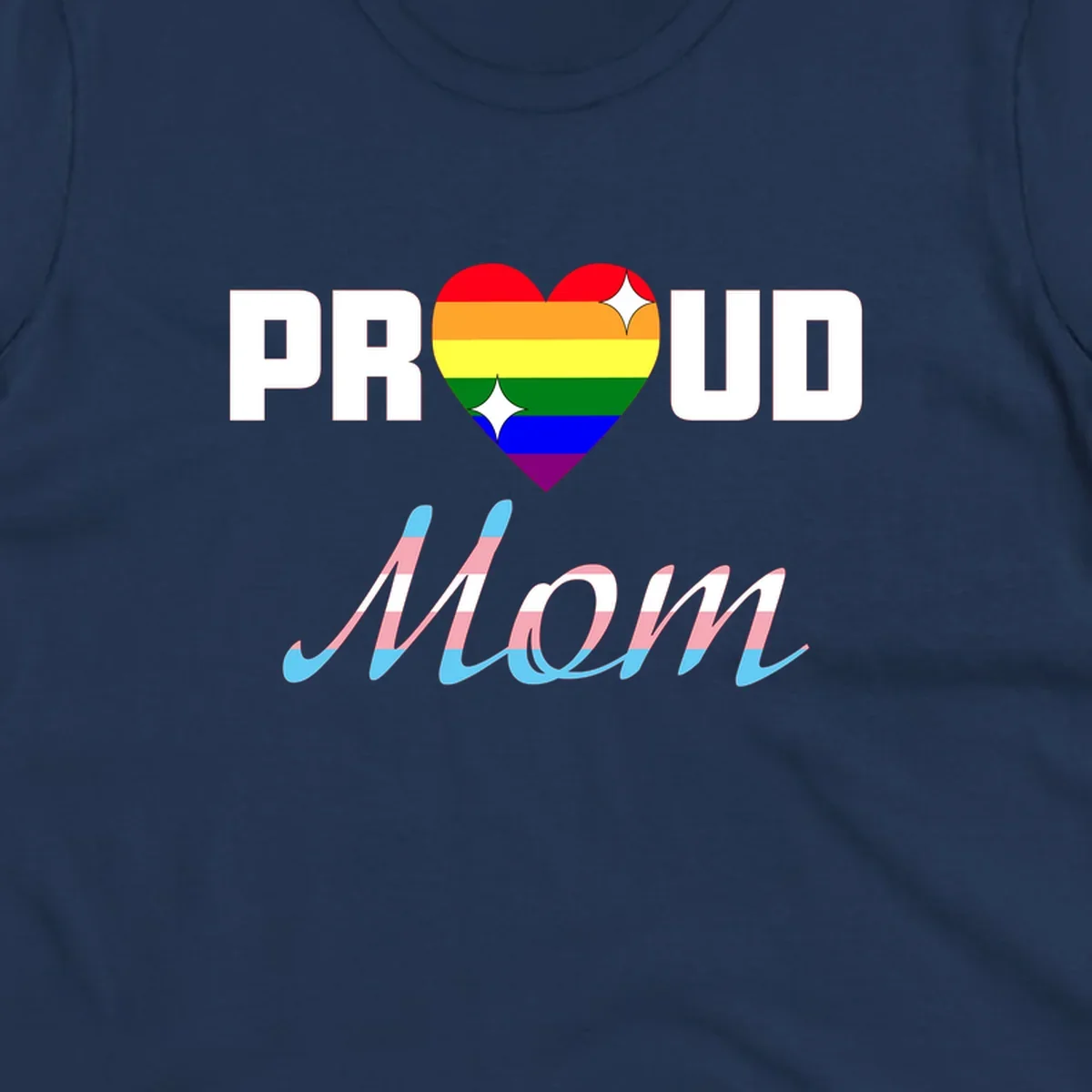 Proud all in pride design with rainbow heart and trans flag striped script text on gray background