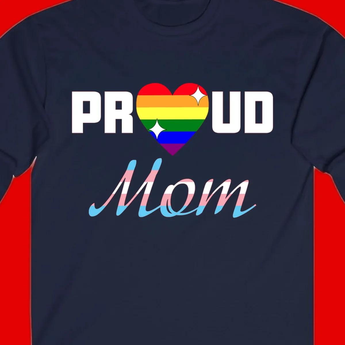 Proud all in pride design with rainbow heart and trans flag striped script text on gray background
