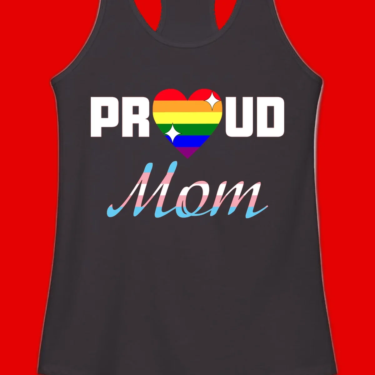 Proud all in pride design with rainbow heart and trans flag striped script text on gray background