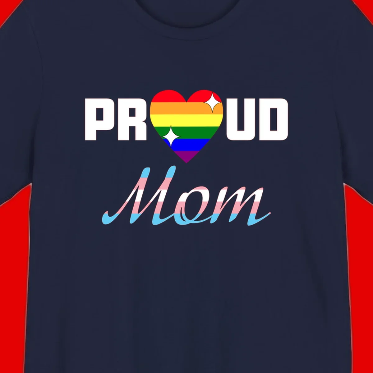 Proud all in pride design with rainbow heart and trans flag striped script text on gray background