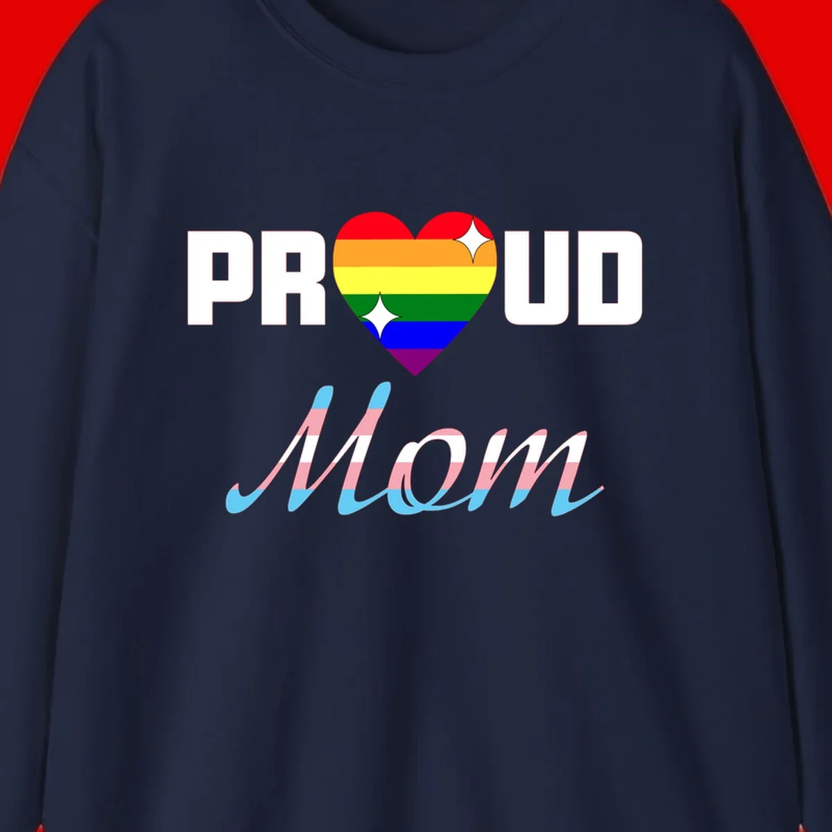 Proud all in pride design with rainbow heart and trans flag striped script text on gray background