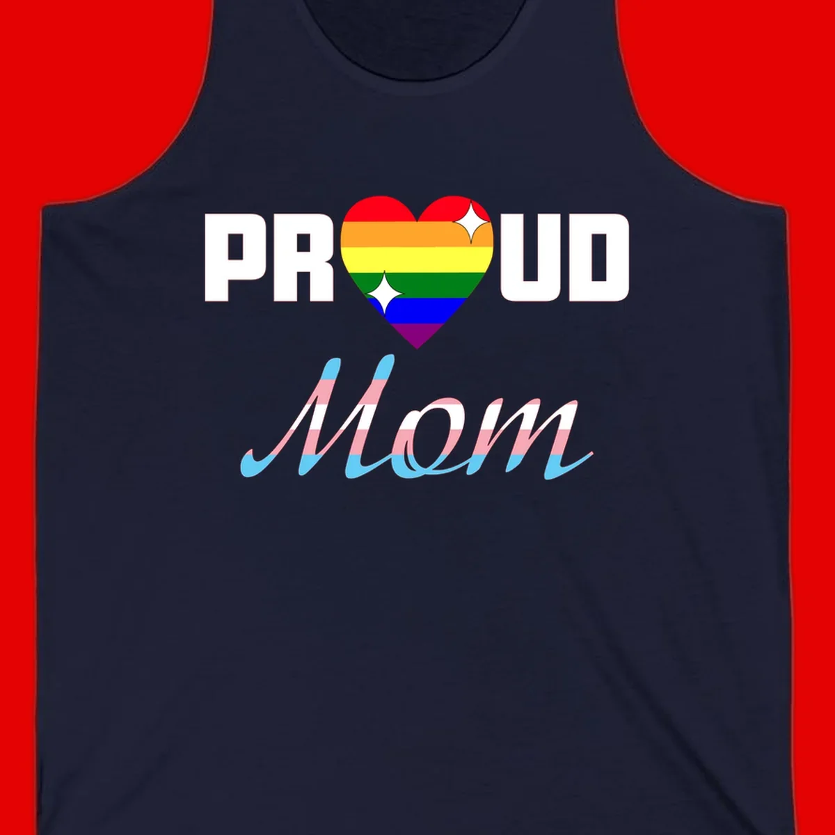 Proud all in pride design with rainbow heart and trans flag striped script text on gray background