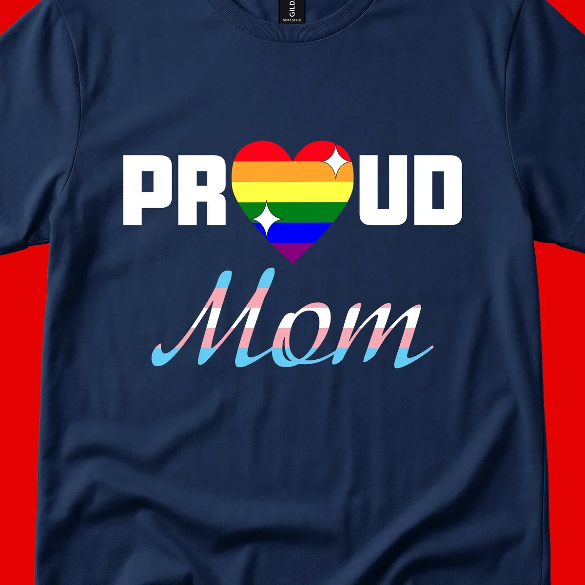 Proud all in pride design with rainbow heart and trans flag striped script text on gray background