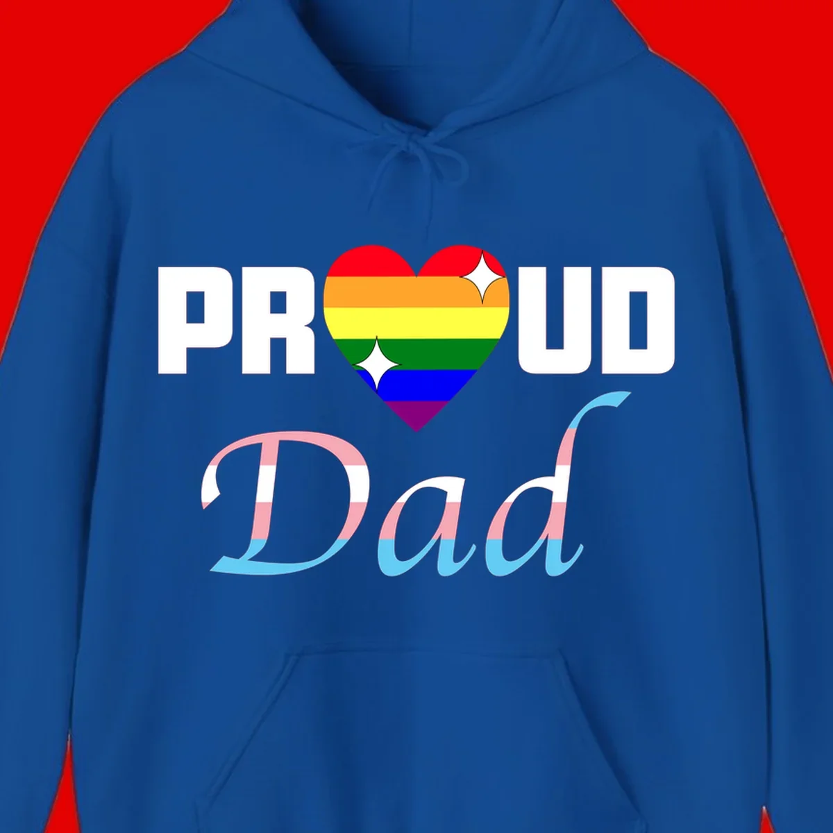 Proud Dad Pride design with rainbow heart and trans flag striped lettering on gray background