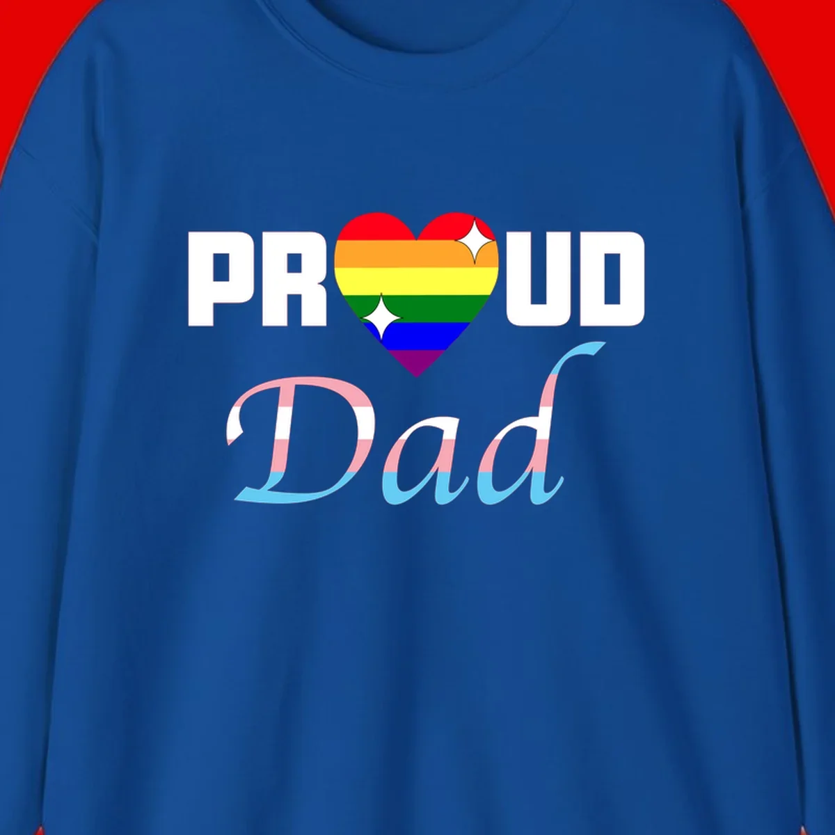 Proud Dad Pride design with rainbow heart and trans flag striped lettering on gray background