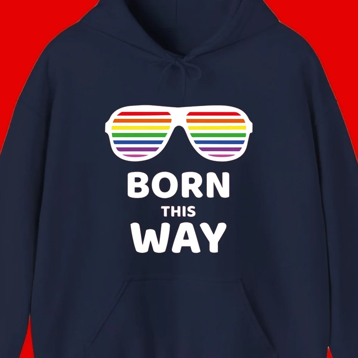 Born This Way Pride design featuring rainbow shutter shade glasses with colorful horizontal stripes and bold text celebrating LGBTQ identity