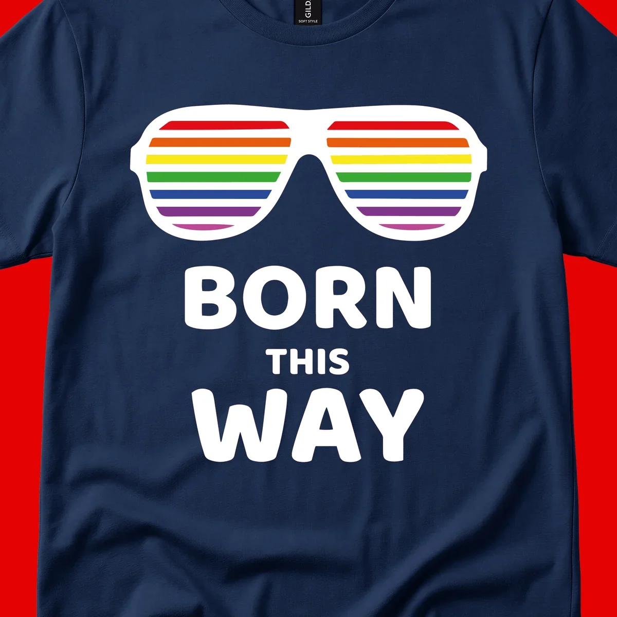 Born This Way Pride design featuring rainbow shutter shade glasses with colorful horizontal stripes and bold text celebrating LGBTQ identity