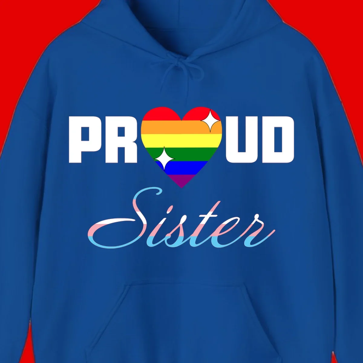 Proud sisters rainbow heart design with pride flag stripes and decorative text celebrating LGBTQ+ sisterhood