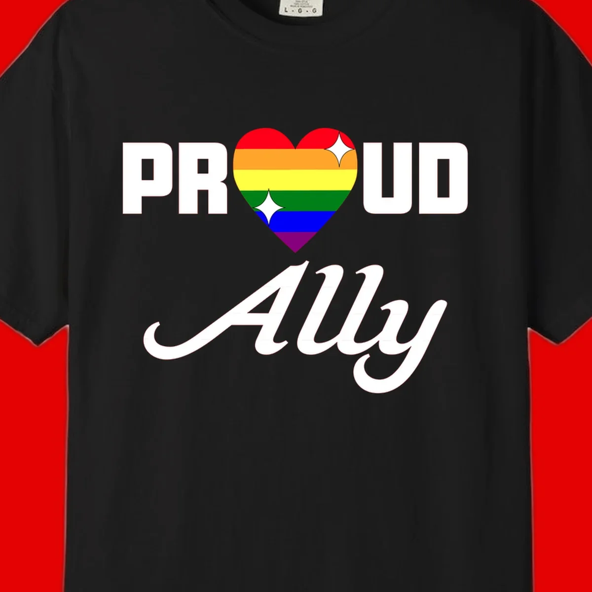 Proud Ally Pride Heart design with rainbow-striped heart and white sparkles between PROUD and Ally text