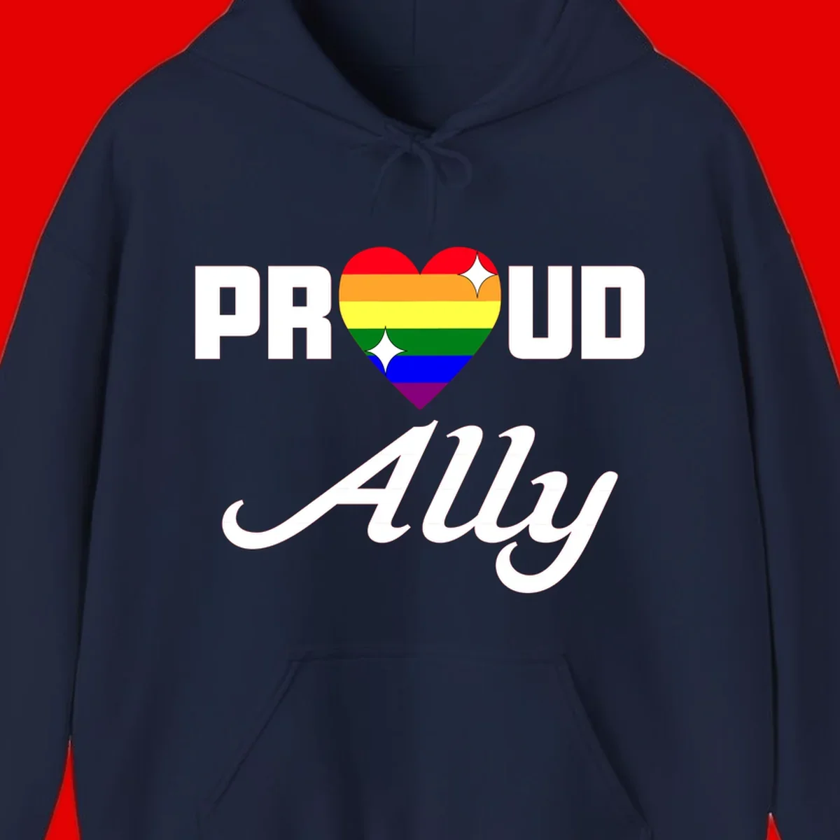 Proud Ally Pride Heart design with rainbow-striped heart and white sparkles between PROUD and Ally text
