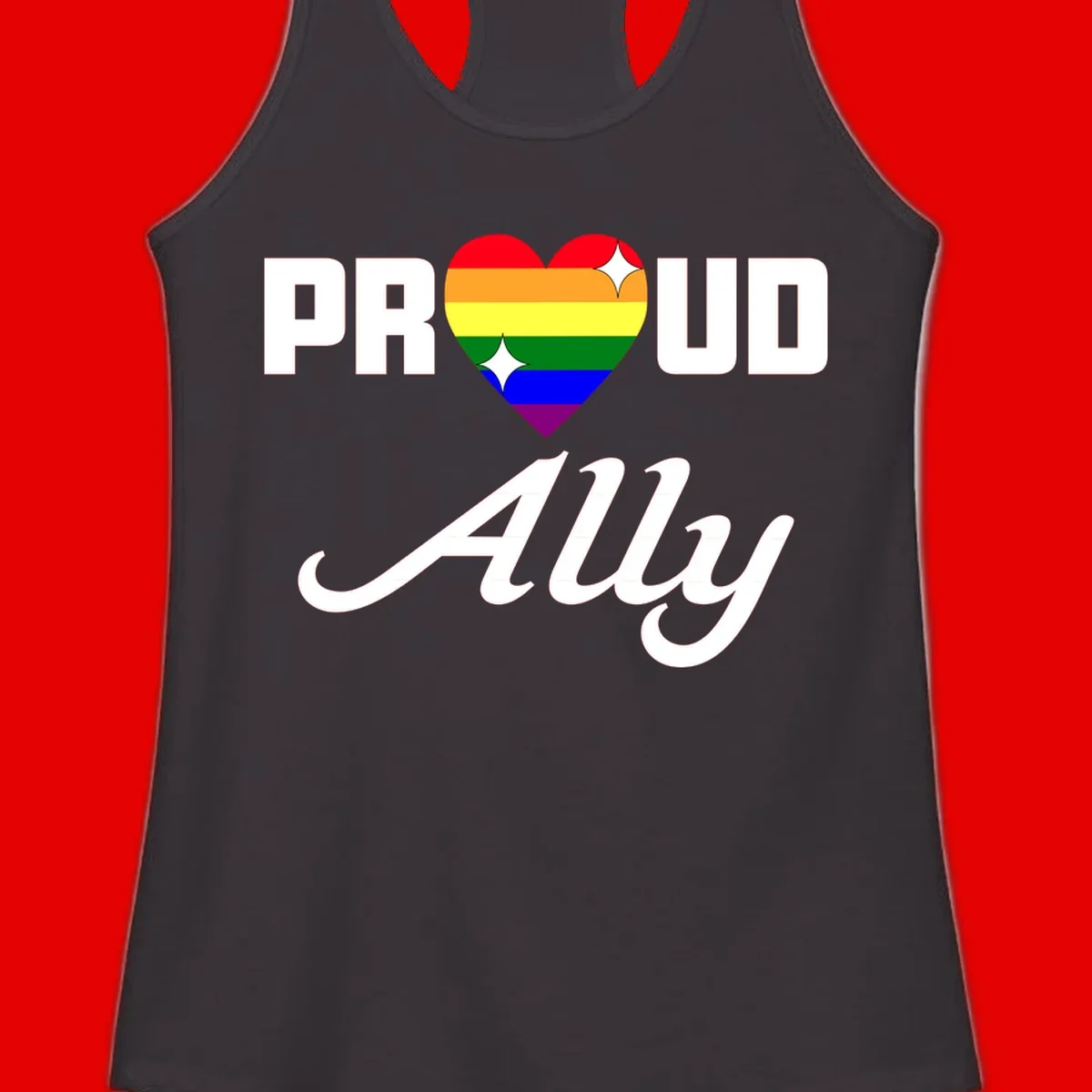 Proud Ally Pride Heart design with rainbow-striped heart and white sparkles between PROUD and Ally text