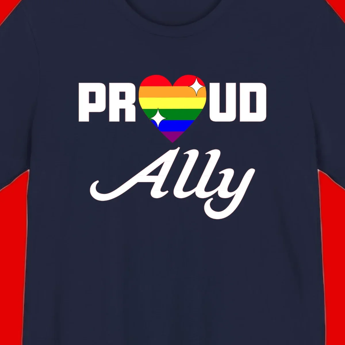 Proud Ally Pride Heart design with rainbow-striped heart and white sparkles between PROUD and Ally text