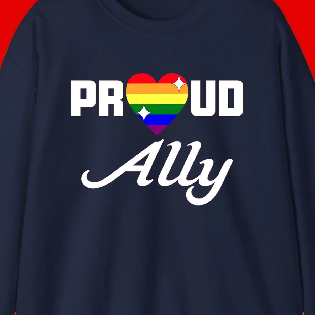 Proud Ally Pride Heart design with rainbow-striped heart and white sparkles between PROUD and Ally text