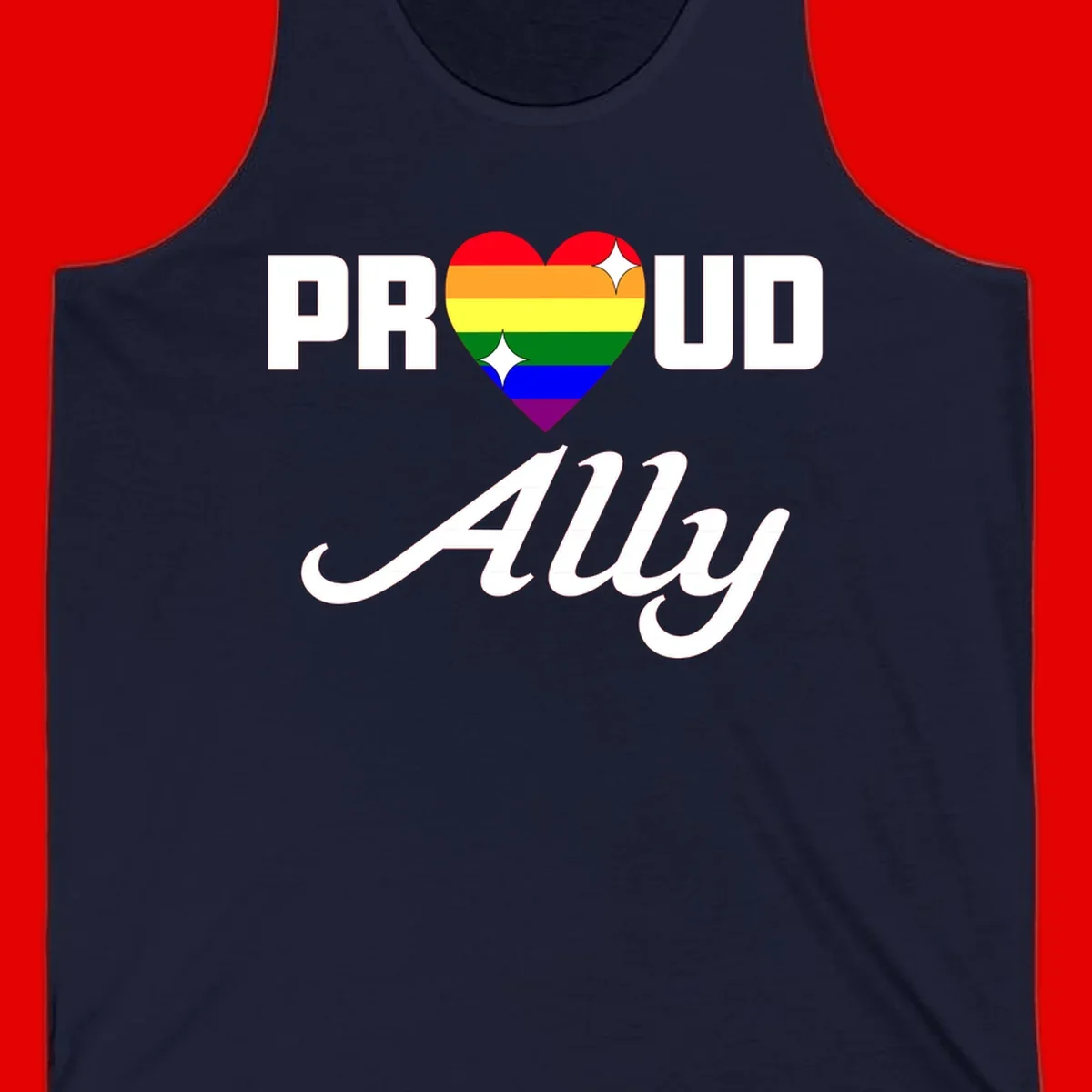 Proud Ally Pride Heart design with rainbow-striped heart and white sparkles between PROUD and Ally text