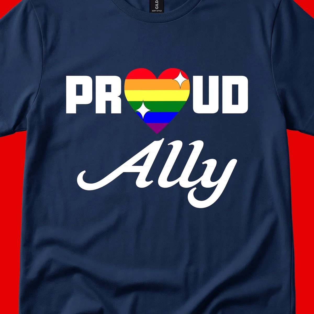 Proud Ally Pride Heart design with rainbow-striped heart and white sparkles between PROUD and Ally text