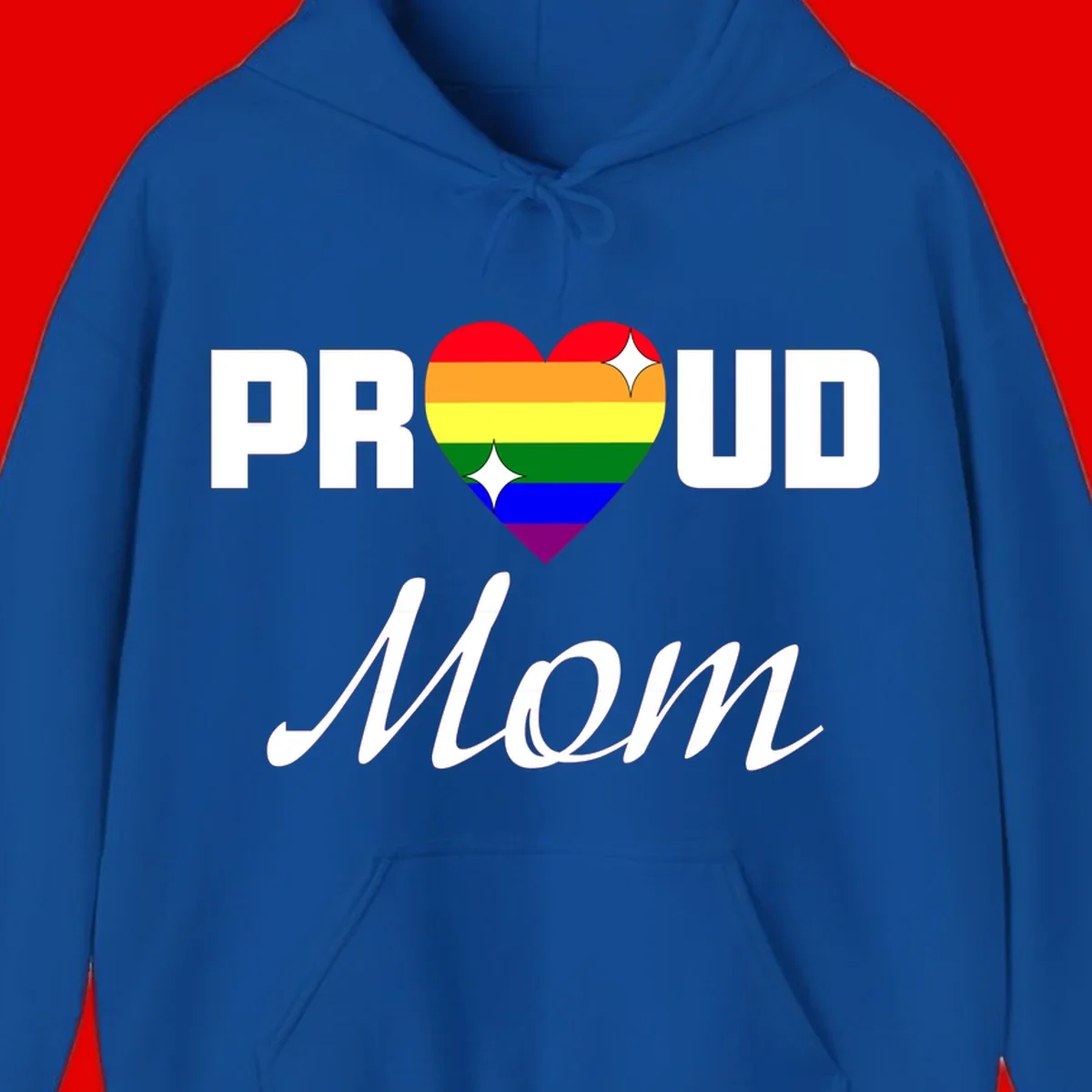 Proud Mom rainbow heart design with colorful pride flag stripes forming a heart shape and text reading Proud Mom