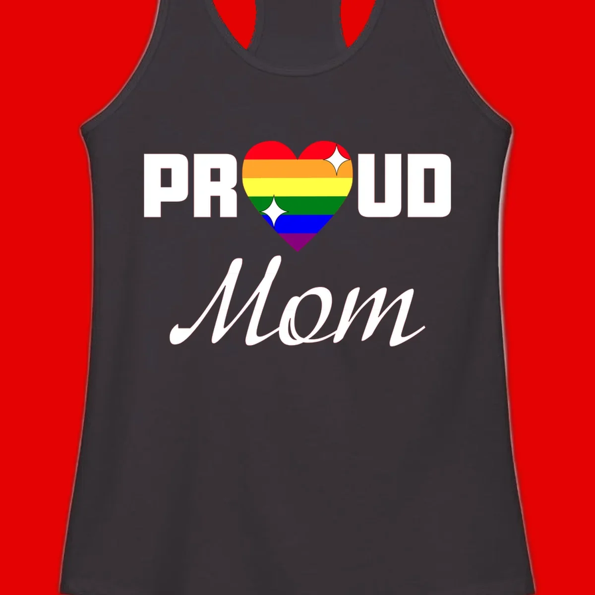 Proud Mom rainbow heart design with colorful pride flag stripes forming a heart shape and text reading Proud Mom