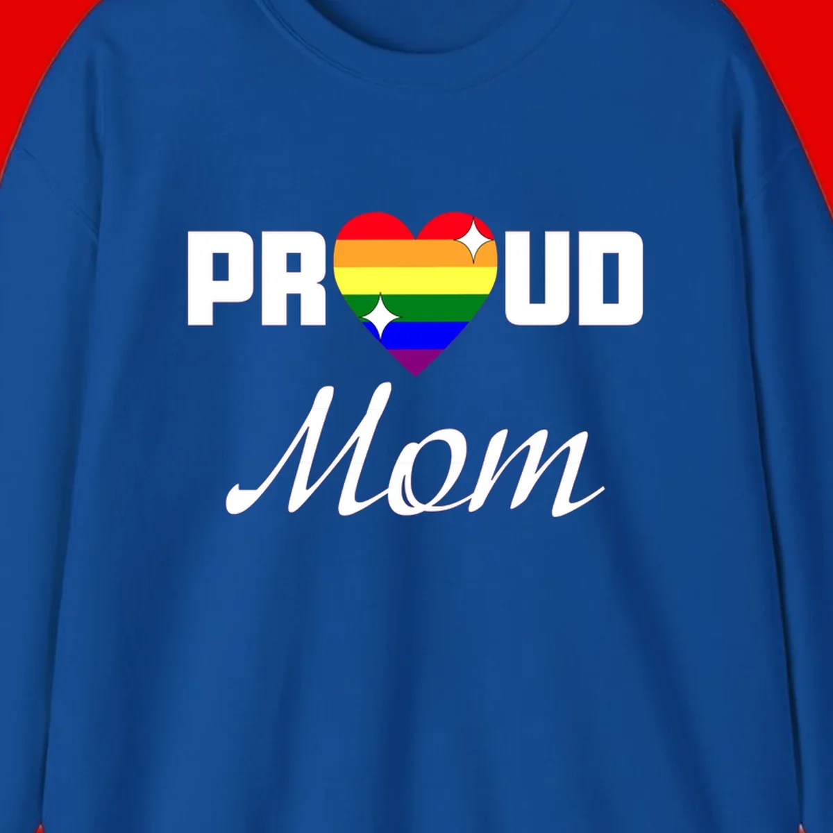 Proud Mom rainbow heart design with colorful pride flag stripes forming a heart shape and text reading Proud Mom