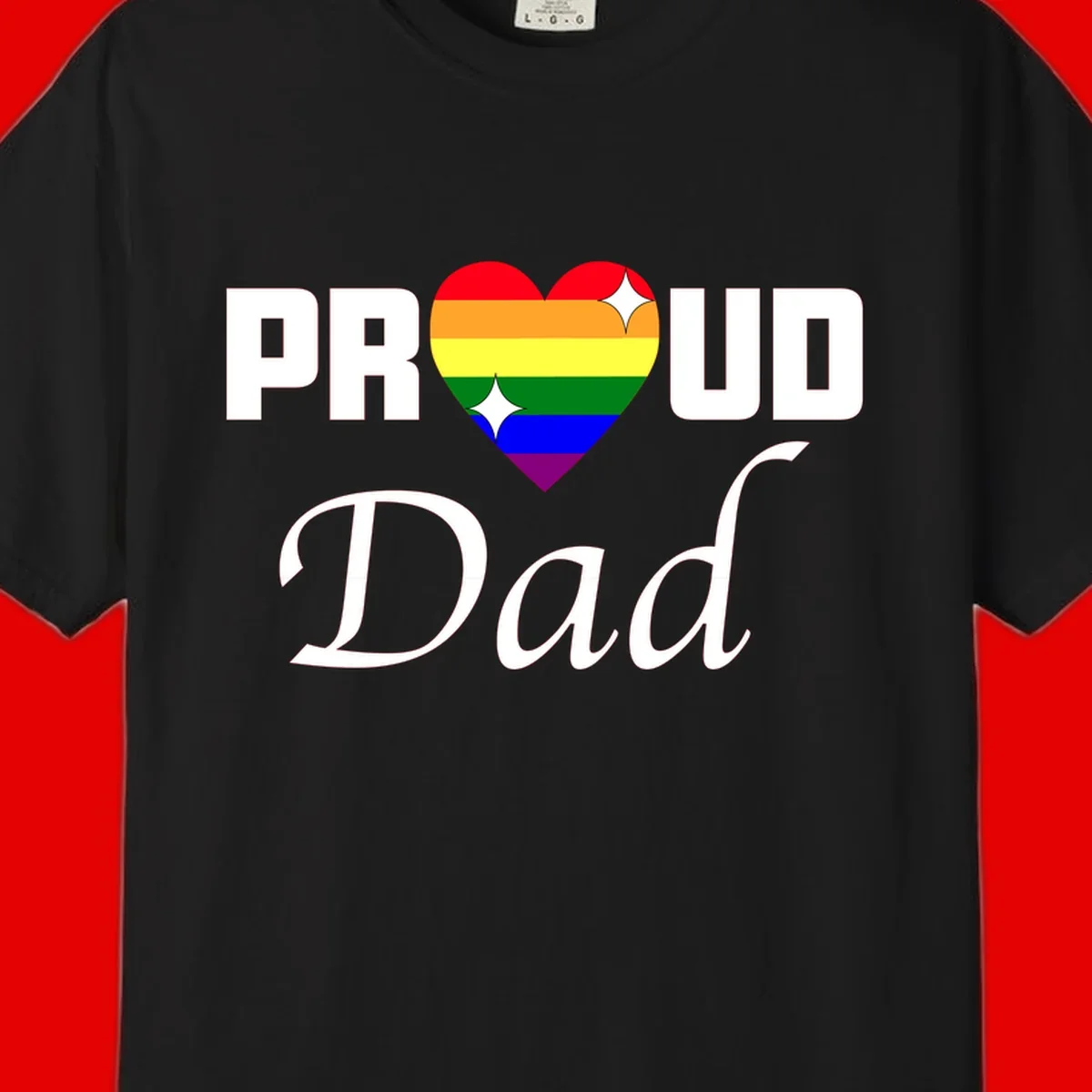 Proud Dad rainbow heart design with vibrant pride flag colors in heart shape and white text